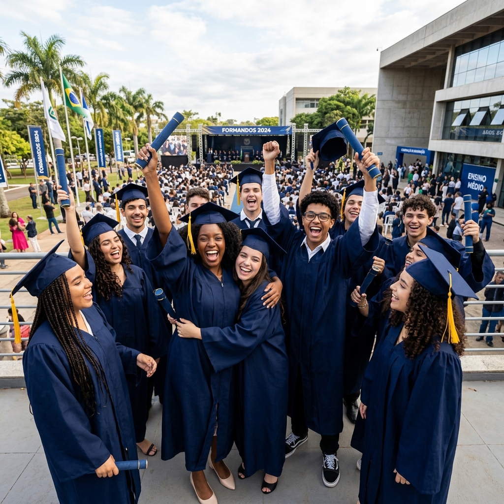 Jovens estudantes comemorando a formatura